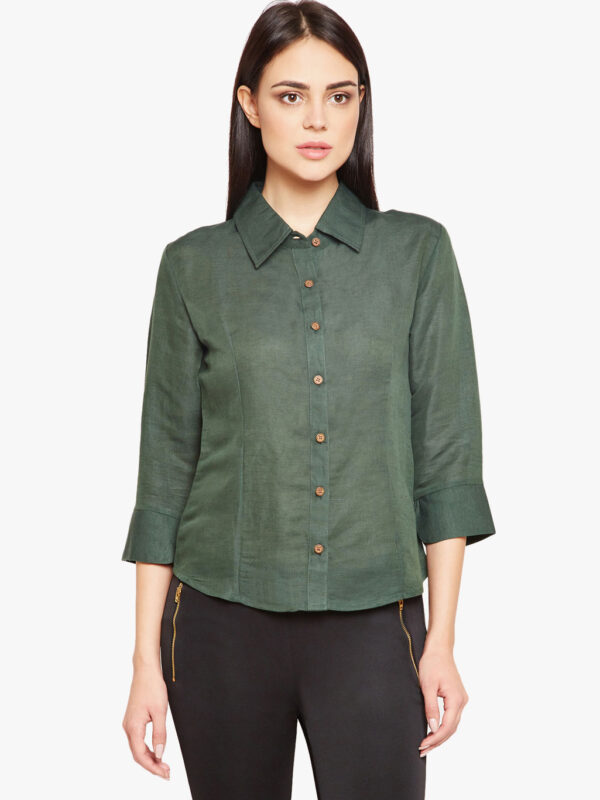 Half sleeved Olive green cotton linen shirt
