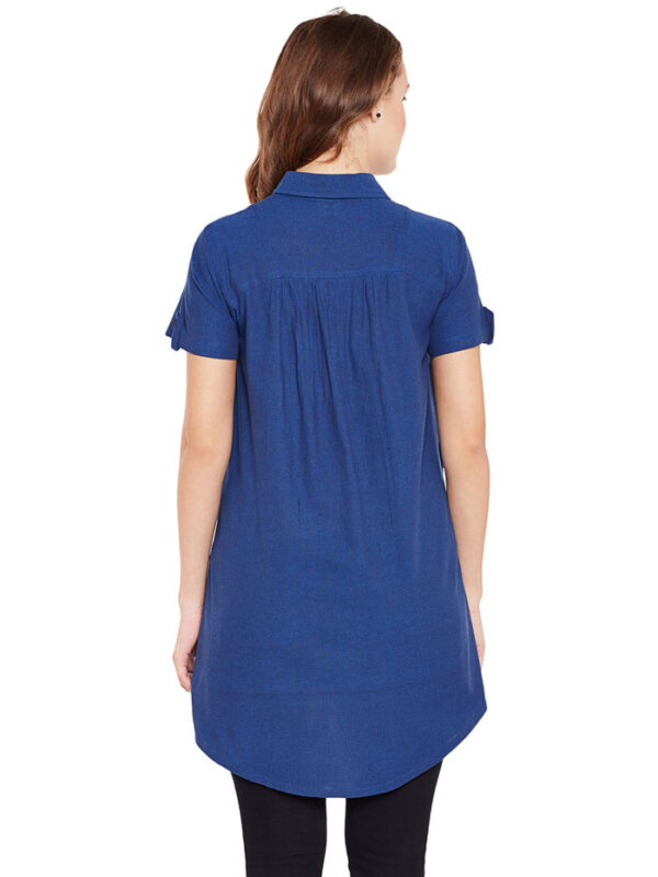 Women button open blue cotton dress