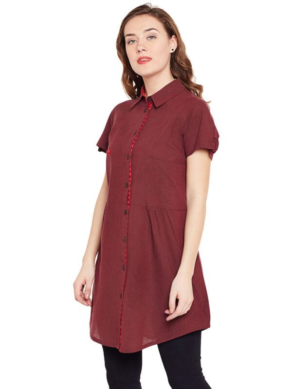 Women button open red cotton dress